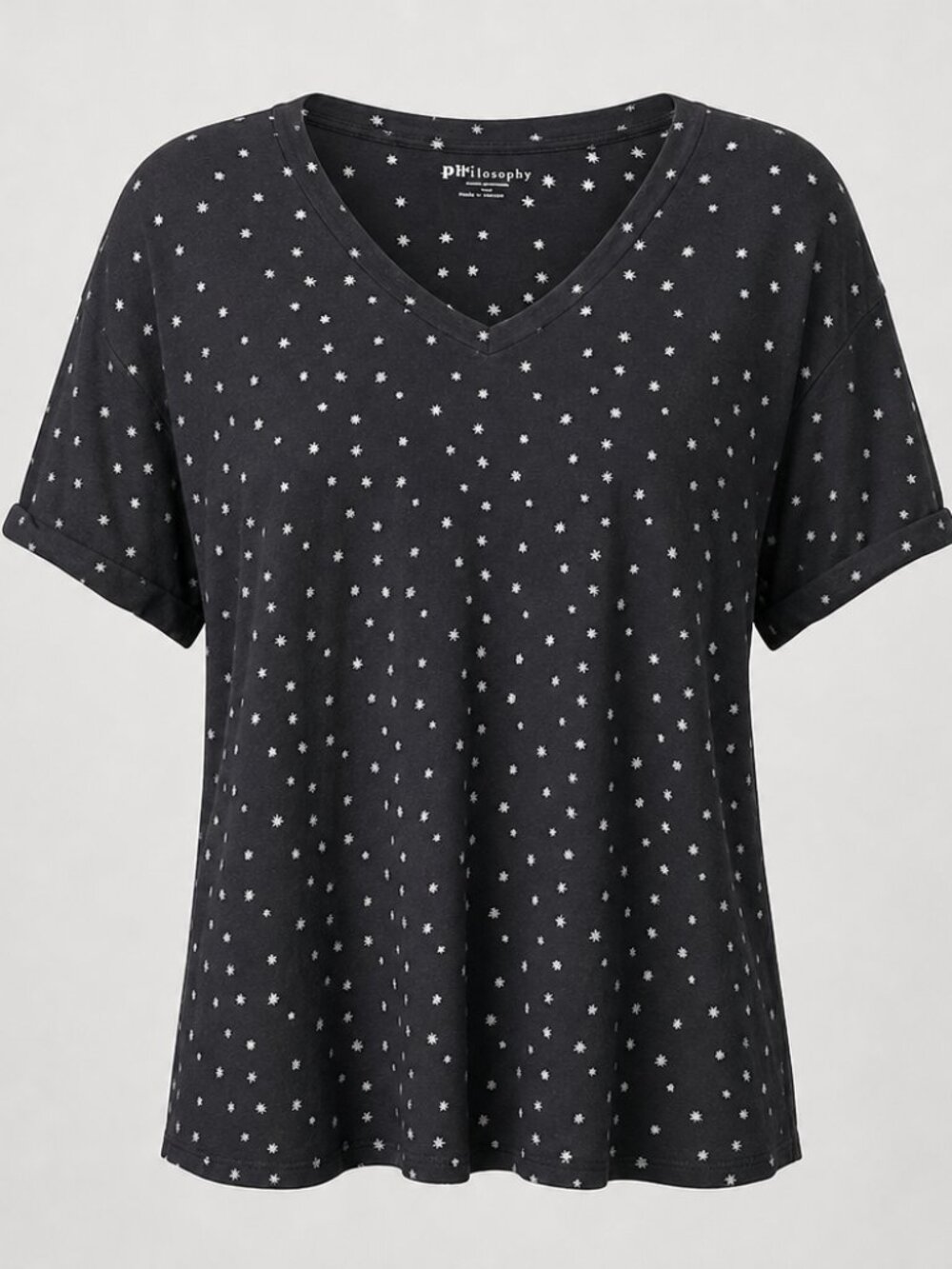 Philosophy Star Print V Neck Short Sleeve Top Large Black Cream